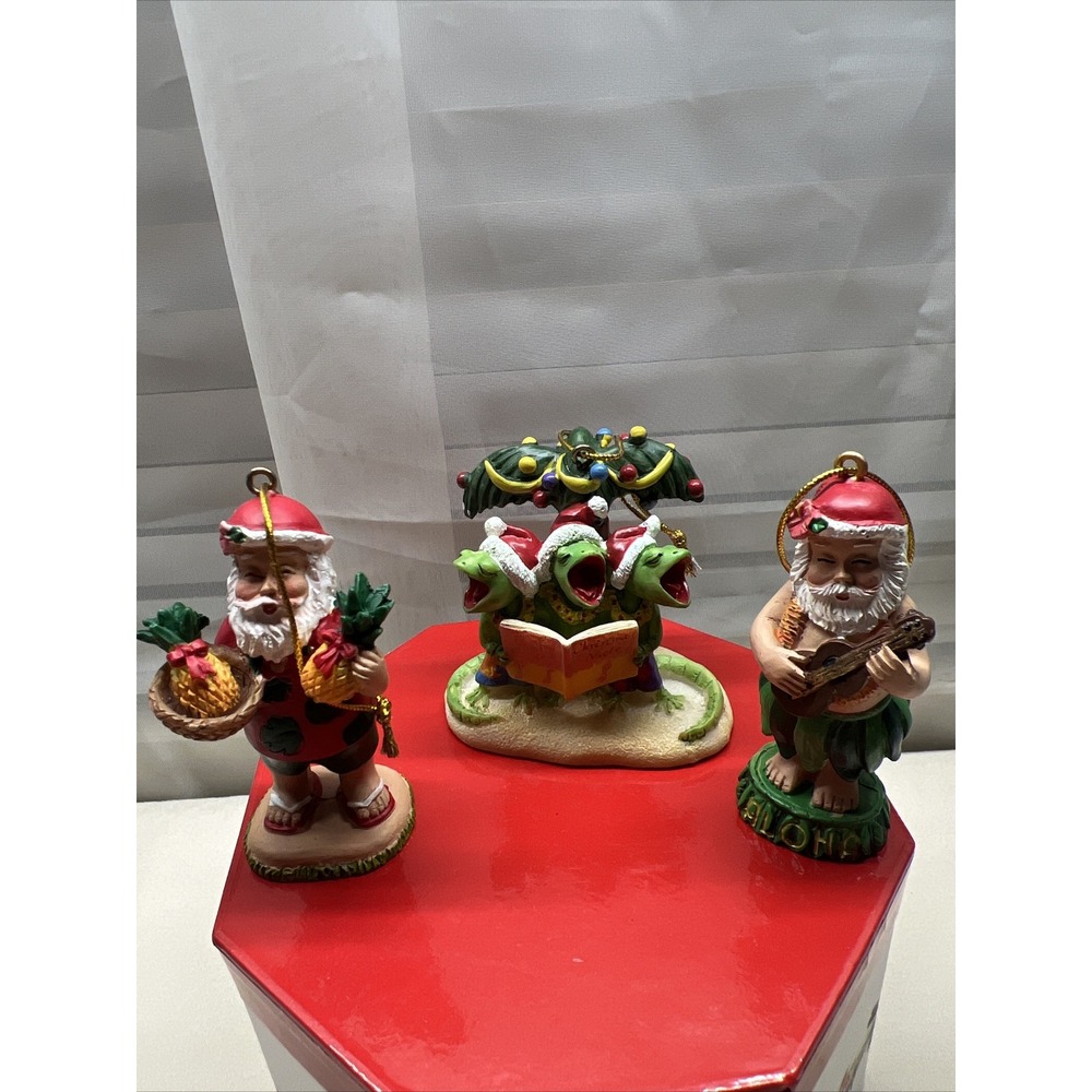 Island Heritage Hawaiian Designer Surfing Santa Christmas Ornament Set Of 3